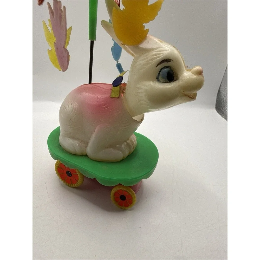 Vintage 60s Celluloid Wind Up  Toy Bunny Chicks Umbrella Bobble WORKS